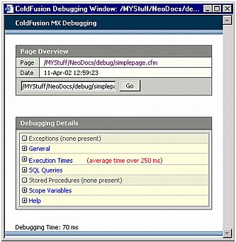 A sample collapsed debugging output using the dockable.cfm debugging output format