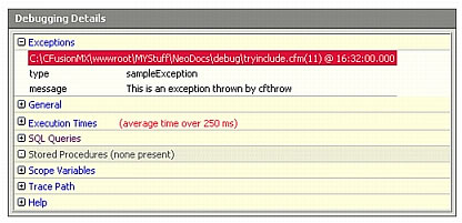 The stored procedures section displays information about the results of using the cfstoredproc tag