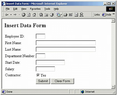 An HTML insert form in a web browser